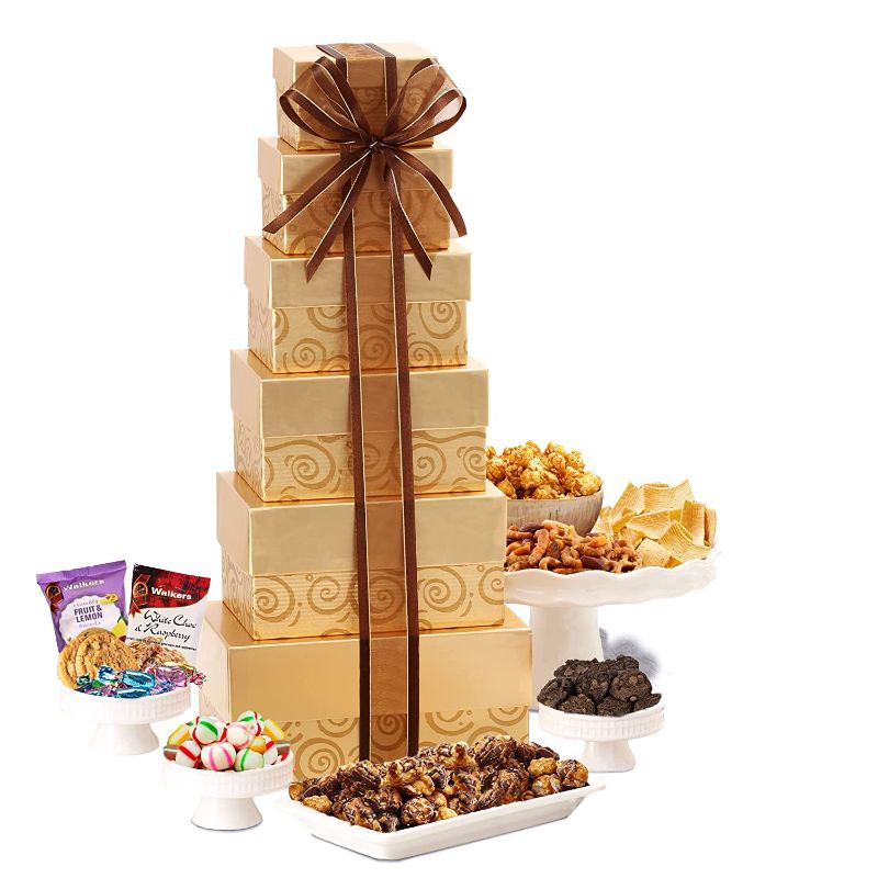 Photo 1 of Deluxe Festive Gift Tower (6 Box Set with Decorative Ribbon) – Perfect Birthday, Corporate, Get Well, Thank You, or Any Holiday Occasion – Easter, Mothers Day, Gourmet Baskets Food Gifts
