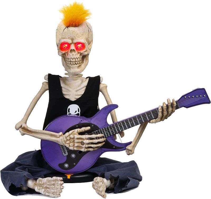 Photo 1 of 37inch Voice-Activated Skeleton Skull, Indoor/Outdoor Halloween Decoration,Sit on The Fireplace and Play The Guitar,Creepy Tabletop Decor (minor damage to arm)(needs batteries)