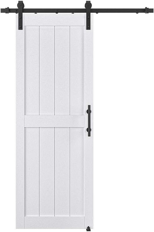 Photo 1 of COSHOMER 30in x 84in MDF Sliding Barn Door with 5ft Barn Door Hardware Kit & Handle, Pre-Drilled Holes Easy Assembly -Solid Wood Slab Inside Covered with Water-Proof PVC Surface, White, H-Frame
