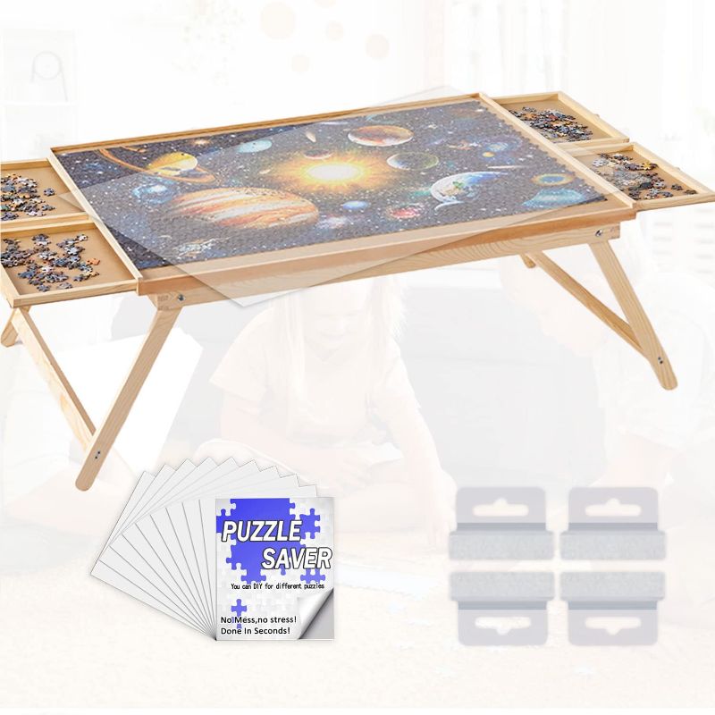 Photo 1 of 1500 Piece Puzzle Board, 34" x 26" Wooden Jigsaw Puzzle Table with Folding Legs and 4 Drawers, 1 Protective Cover, 10 Glue Sheet & 4 Hangers, Puzzle Tables for Adults, Portable Folding Puzzle Tray
