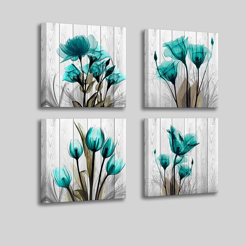 Photo 1 of Flower Prints Wall Art 4 Panels Guest Room Wall Decor Teal Tulip Canvas Artwork Picture for Living Room Bathroom Office Bedroom Wall Decoration White House Decor 14x14 inches Each Panels
