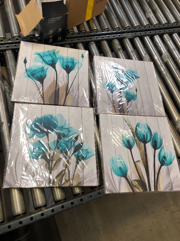 Photo 3 of Flower Prints Wall Art 4 Panels Guest Room Wall Decor Teal Tulip Canvas Artwork Picture for Living Room Bathroom Office Bedroom Wall Decoration White House Decor 14x14 inches Each Panels
