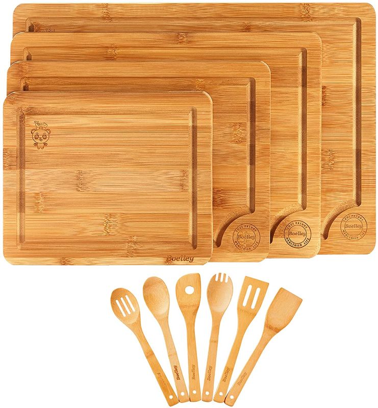 Photo 1 of Boelley bamboo cutting board set of 4 w/6 utensils &1 canvas bag-wood cutting boards set(Large & Small) for kitchen-chopping board-wooden serving board tray(Butcher Block) w/Juice Groove-Handles
