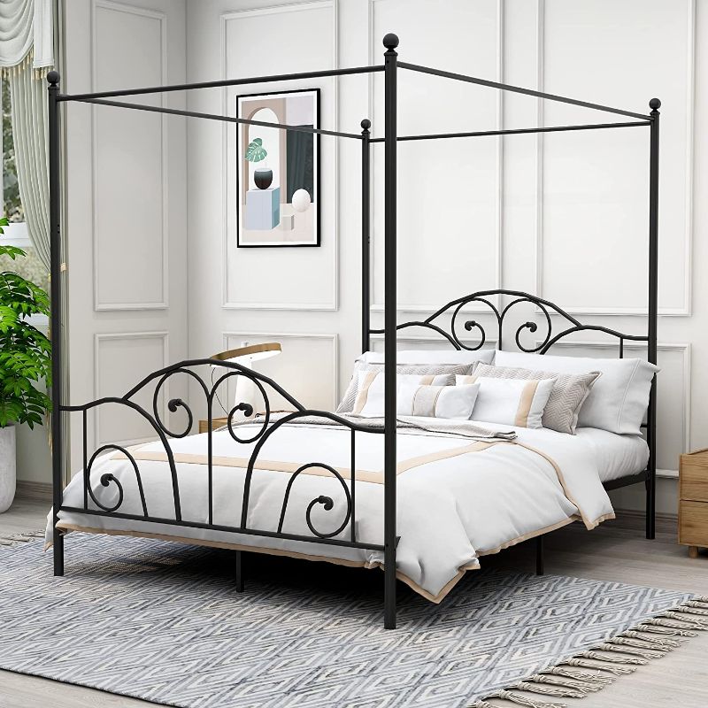 Photo 1 of ZIRUWU Metal Four Post Canopy Bed Frame Queen Size with Headboard and Footboard,No Box Spring Needed,Black
