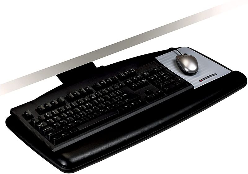 Photo 1 of 3M Under Desk Keyboard Tray, Turn Knob to Adjust Height and Tilt to Enhance Comfort and Ergonomics, Sturdy Tray with Gel Wrist Rest and Precise Mouse Pad, Stores Under Desk, 17" Track, Black (AKT60LE)
