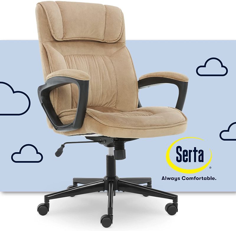 Photo 1 of Serta Hannah Executive Microfiber Office Chair with Headrest Pillow, Adjustable Ergonomic with Lumbar Support, Soft Fabric, Beige
