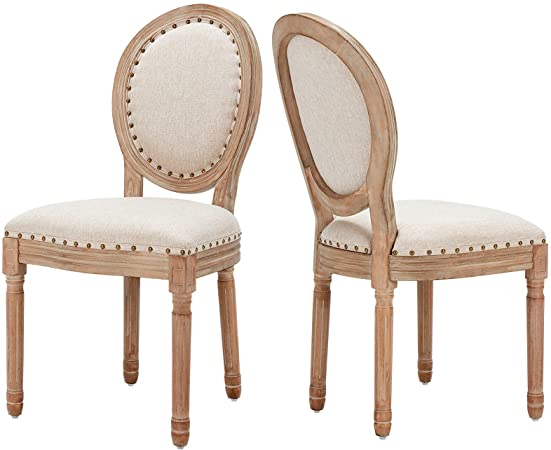 Photo 1 of AVAWING Farmhouse Fabric Dining Room Chairs 2 PCS, French Chairs with Round Back, Brown Wood Legs, Oval Side Chairs for Dining Room/Living Room/Kitchen/Restaurant, Beige
