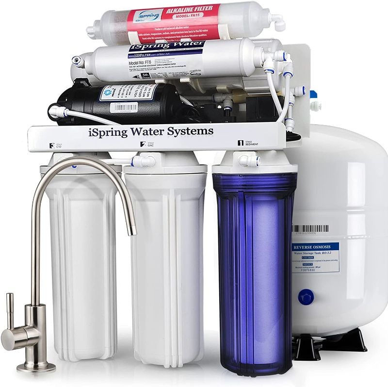 Photo 1 of iSpring RCC7P-AK 6-Stage Reverse Osmosis System Under Sink with Alkaline Water Filter and Pump, pH+, 75 GPD, TDS Reduction, RO Drinking Water Filtration System
