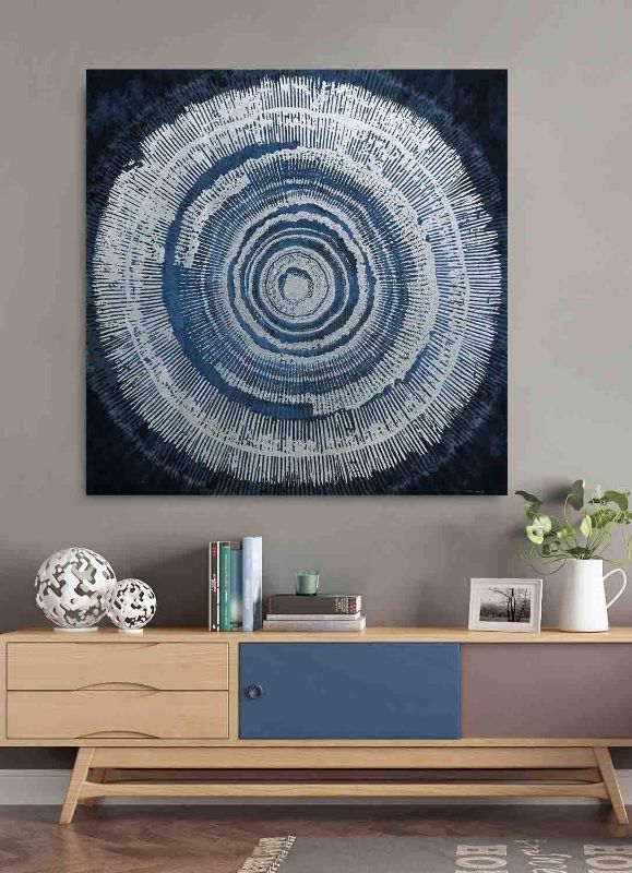 Photo 1 of Abstract Wall Art Paintings Global Geometric Illusion Navy Blue Wall Decro Canvas Prints with Silver Metallic Foil Hand Painted Canvas for Living Room Bedroom Framed Ready to Hang 32x32Inch
