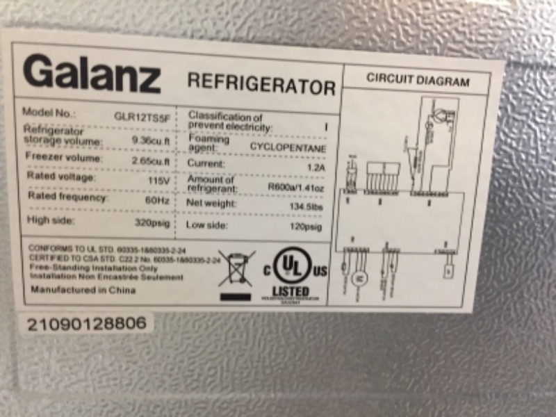 Photo 5 of Galanz 12 Cu Ft Top Freezer Refrigerator, Frost Free, Stainless Look
FACTORY WRAPPED PRIOR TO PICTURES 
ON ONE SIDE THERE IS 2 DENTS BUT THEY DO NOT EFFECT FUNCTION 