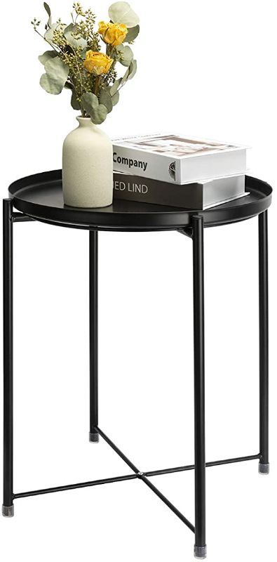 Photo 1 of danpinera End Table, Side Table Metal Waterproof Small Coffee Table Sofa Side Table with Round Removable Tray for Living Room Bedroom Balcony and Office (Black)