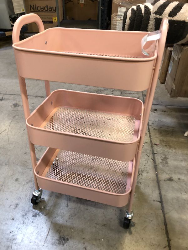 Photo 2 of AGTEK Makeup Cart, Movable Rolling Organizer Cart, 3 Tier Metal Utility Cart, Pink
