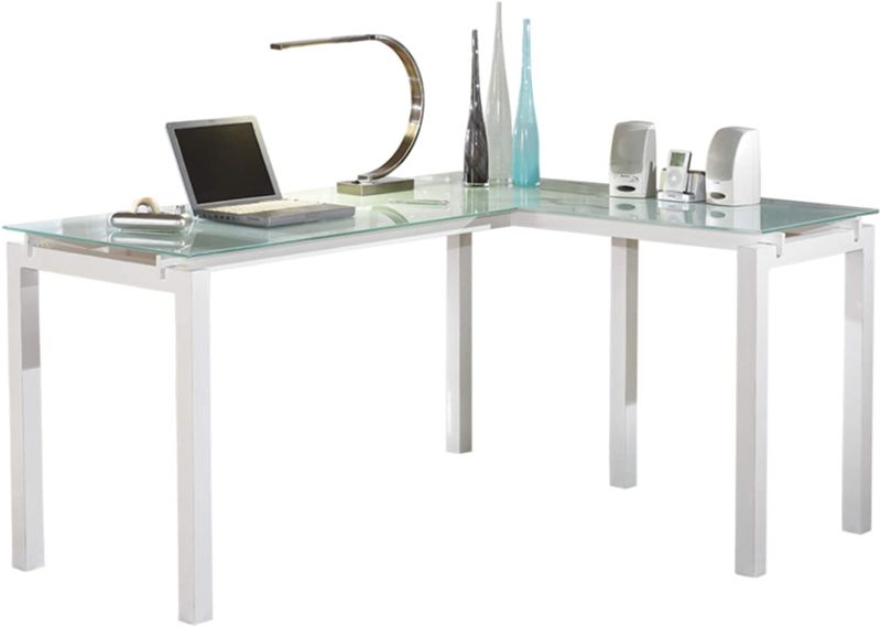 Photo 1 of Signature Design by Ashley Baraga Contemporary Glass L-Shaped Home Office Desk, White
