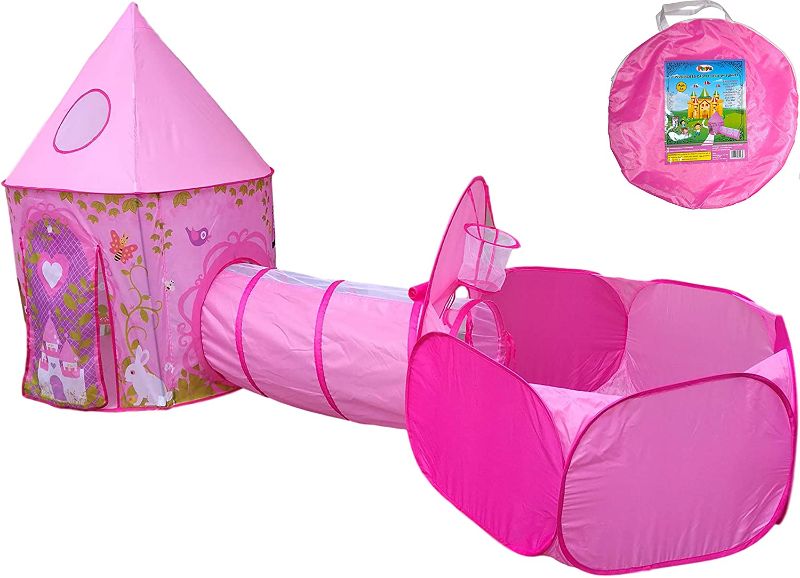 Photo 1 of Playz 3pc Girls Princess Fairy Tale Castle Play Tent, Crawl Tunnel & Ball Pit w/ Pink Prairie Design - Foldable for Indoor & Outdoor Use w/ Zipper Storage Case
