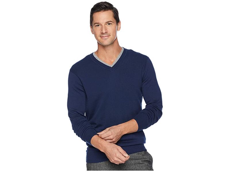 Photo 1 of  Perry Ellis Classic Solid V-Neck Sweater (Bay Blue) Men's Sweater

