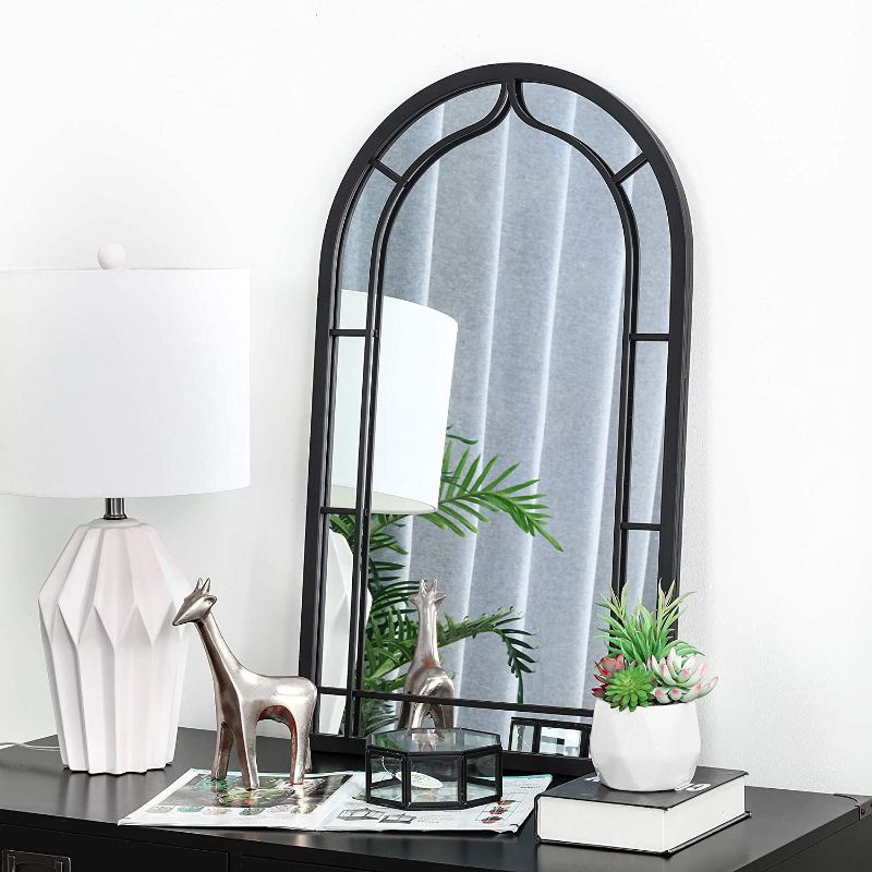 Photo 1 of glitzhome Decorative Wall Mirror 33”Arched Mirror with Metal Frame Modern Hanging Mirror Classic Decorative Wall Art for Bathroom Vanity Living Room Bedroom Entryway, Black
