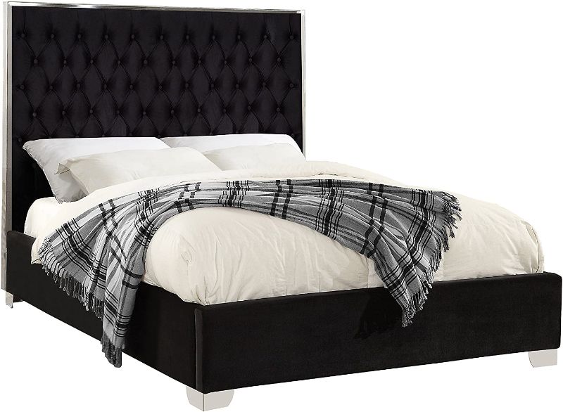 Photo 1 of box 2 of 2 for Meridian Furniture Lexi Collection Modern | Contemporary Velvet Upholstered Bed with Deep Tufting, Polished Chrome Stainless Steel Frame and Legs, queen
