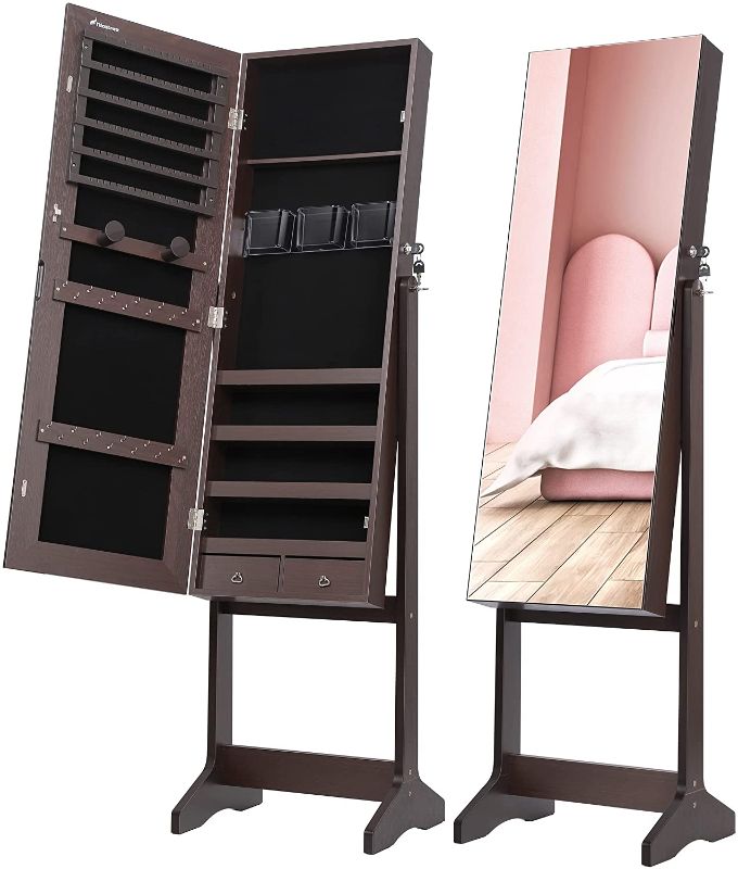 Photo 1 of  Jewelry Cabinet with Full-Length Mirror, Standing Lockable Jewelry Armoire Organizer, 3 Angel Adjustable (Brown)

