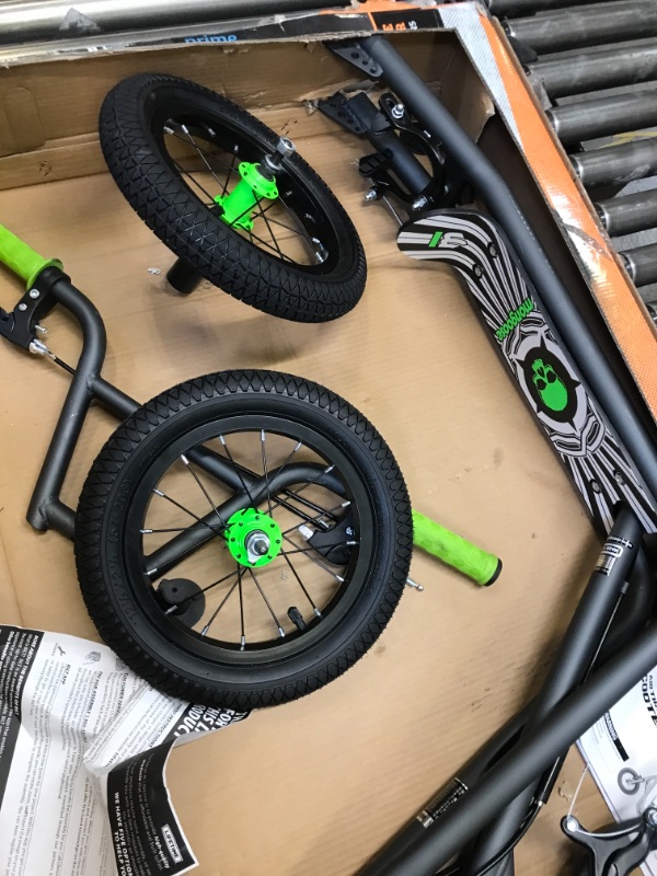 Photo 1 of Mongoose Expo Scooter, Featuring Front and Rear Caliper Brakes and Rear Axle Pegs with 12-Inch Inflatable Wheels, Green/Grey