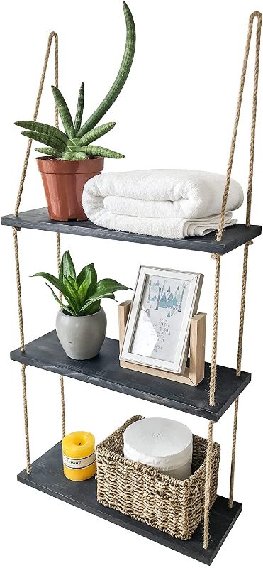 Photo 1 of ASLINY Hanging Shelves, Rustic Shelves Handmade, Durable & Lightweight Wall Shelves for Bedroom Living Room Kitchen, Bathroom Shelves Over The Toilet Storage, 3 Tier Shelf (Black)
