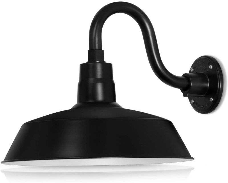 Photo 1 of 14in. Satin Black Outdoor Gooseneck Barn Light Fixture with 10in. Long Extension Arm - Wall Sconce Farmhouse, Vintage, Antique Style - UL Listed - 9W 900lm A19 LED Bulb (5000K Cool White)

