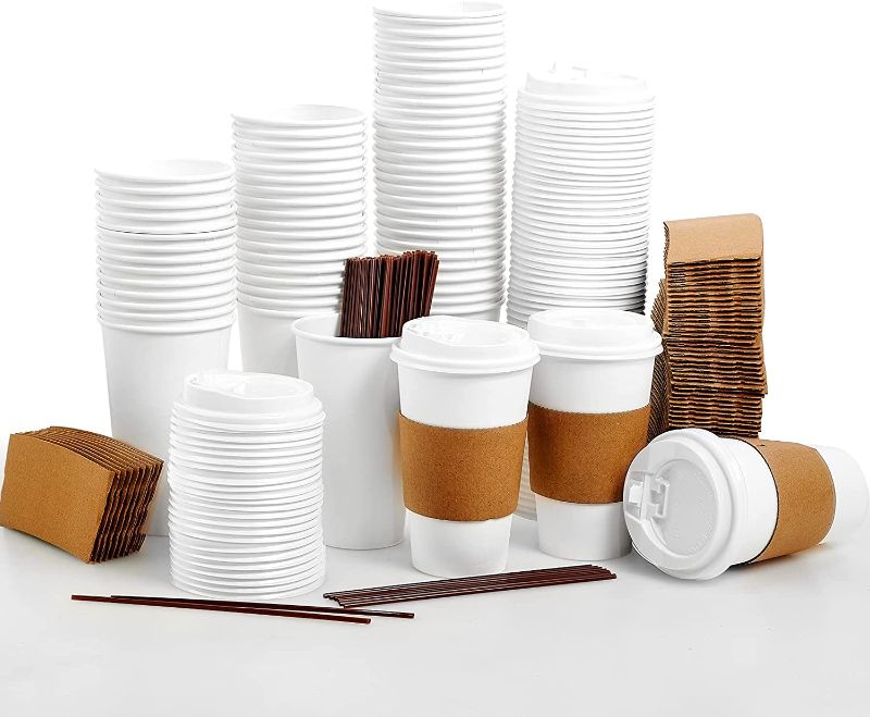 Photo 1 of [100 Pack] 16 oz Paper Coffee Cups, Disposable Paper Coffee Cup with Lids, Sleeves, and Stirrers, Hot/Cold Beverage Drinking Cup for Water, Juice, Coffee or Tea, Suitable for Home,Shops and Cafes