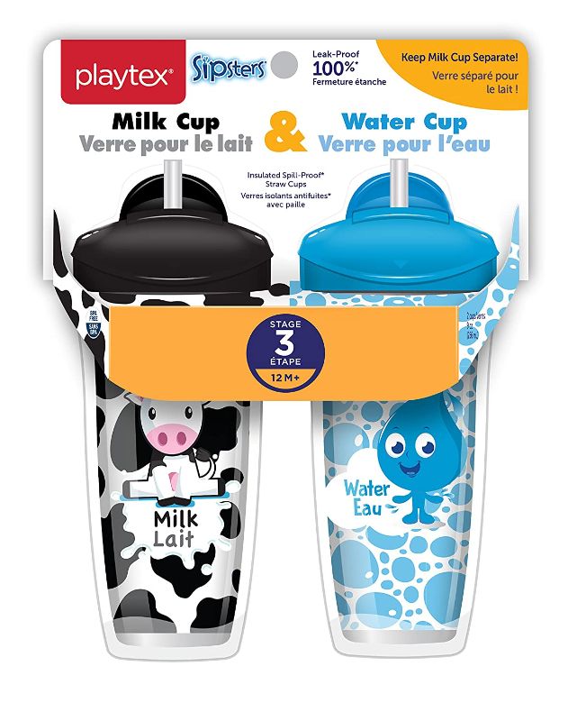 Photo 1 of Playtex Sipsters Stage 3 Milk and Water Spill-Proof, Leak-Proof, Break-Proof Insulated Toddler Straw Sippy Cup Set, 9 Ounce - 2 Count
