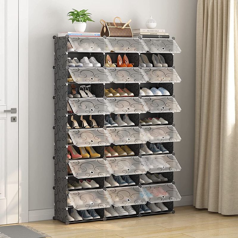 Photo 1 of KOUSI Portable Shoe Rack Organizer 72 Pair Tower Shelf Storage Cabinet Stand Expandable for Heels, Boots, Slippers? 12-Tiers Black & Transparent Door