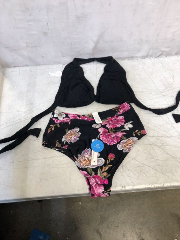 Photo 1 of Black Floral Halter High Waisted Bikini XL