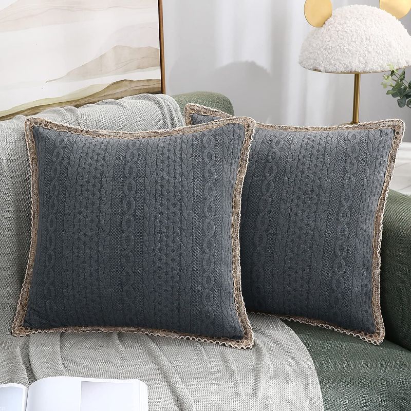 Photo 1 of 3D Embossed Farmhouse Decorative Pillow Covers, Set of 2 Lace Trimmed Edge Throw Pillowcases Stretchy Cushion Cases for Sofa Couch Chair, 16x16 inch, Dark Grey
