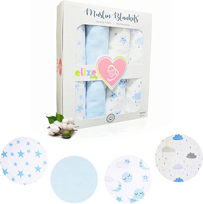 Photo 1 of Elize 100% Cotton Breathable Muslin Baby Swaddle Blanket Set of 4 - 46" x 46" Multi-Purpose Muslin Swaddle Blanket for Boys and Girls, Blue