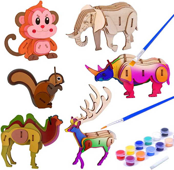 Photo 1 of STEVOY 3D DIY Painting Wooden Puzzle Kit for Kids, 6 Pack Animals, Model Painting Kit with Brush Toys for Children, Educational Arts Construction STEM