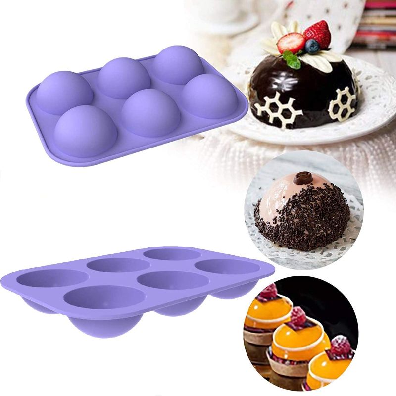 Photo 1 of 2 Pieces Silicone Baking Molds, Chocolate Mold, 6 Holes Round Silicone Mold, Half Ball Silicone Baking Mold, Cupcake Chocolate Cookie Mold (Purple)
