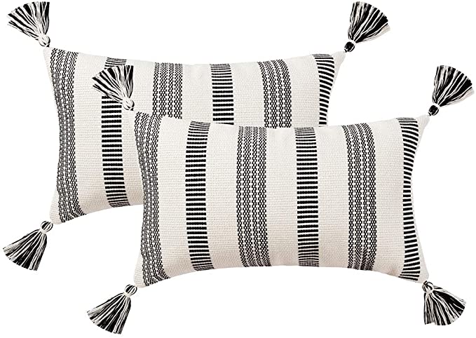 Photo 1 of Decorative Lumbar Black White Throw Pillows Cover Set, Modern Striped Boho Farmhouse Pillow Cover, Neutral Textured Couch Pillow Cases (12x20 Inches, 2 Pack)