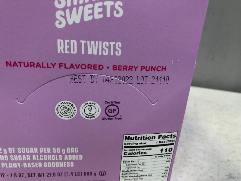 Photo 1 of Smart Sweets Red Twists, Licorice Gummy Candy with Low Sugar (2g), Low Calorie (110), No Artificial Sweeteners, Vegan, Plant-Based, Gluten-Free, Healthy Snack for Kids & Adults, 1.8oz (Pack of 12) FRESHEST BY 4/20/2022