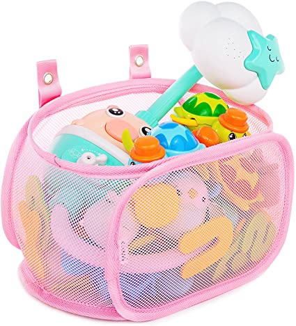 Photo 1 of AMZKEIO Bath Toy Organizer with Fixed Opening, Large-Capacity Foldable Bath Toy Holder, 4 Strong Sticky Hooks, Quick-Drying Mesh Storage Bag for Easy Organization, Suitable for Baby Bathroom Decor. --- 2 PACK 
