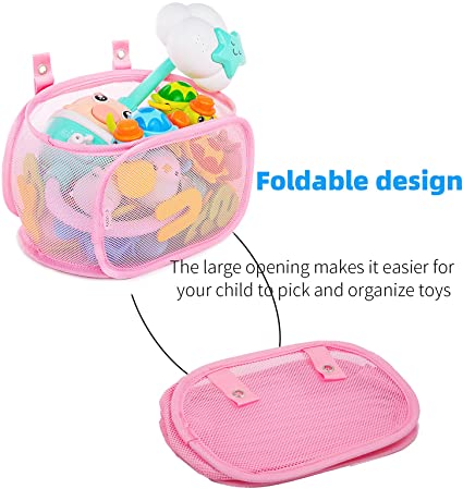 Photo 2 of AMZKEIO Bath Toy Organizer with Fixed Opening, Large-Capacity Foldable Bath Toy Holder, 4 Strong Sticky Hooks, Quick-Drying Mesh Storage Bag for Easy Organization, Suitable for Baby Bathroom Decor. --- 2 PACK 
