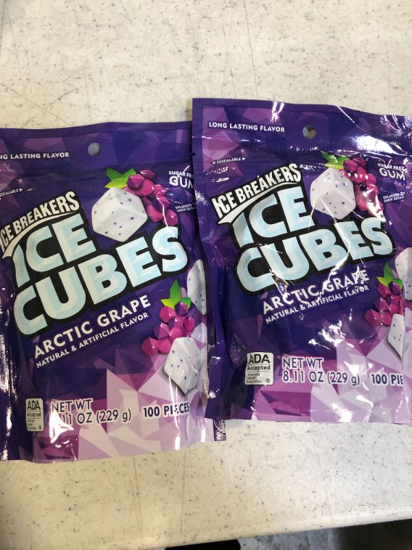 Photo 2 of 2 PACK --- ICE BREAKERS ICE CUBES ARCTIC GRAPE Sugar Free Chewing Gum, Made with Xylitol, 8.11 oz Pouch (100 Pieces) --- 01/2022
