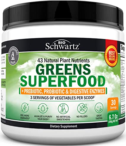 Photo 1 of Chlorophyll Rich Super Greens Organic Powder with Probiotics Prebiotics & Digestive Enzymes - 43+ Green Superfoods Alfalfa Bilberry Spirulina Chlorella - Dr Approved Keto Friendly Vegan Supplement --- EXP 05/2022