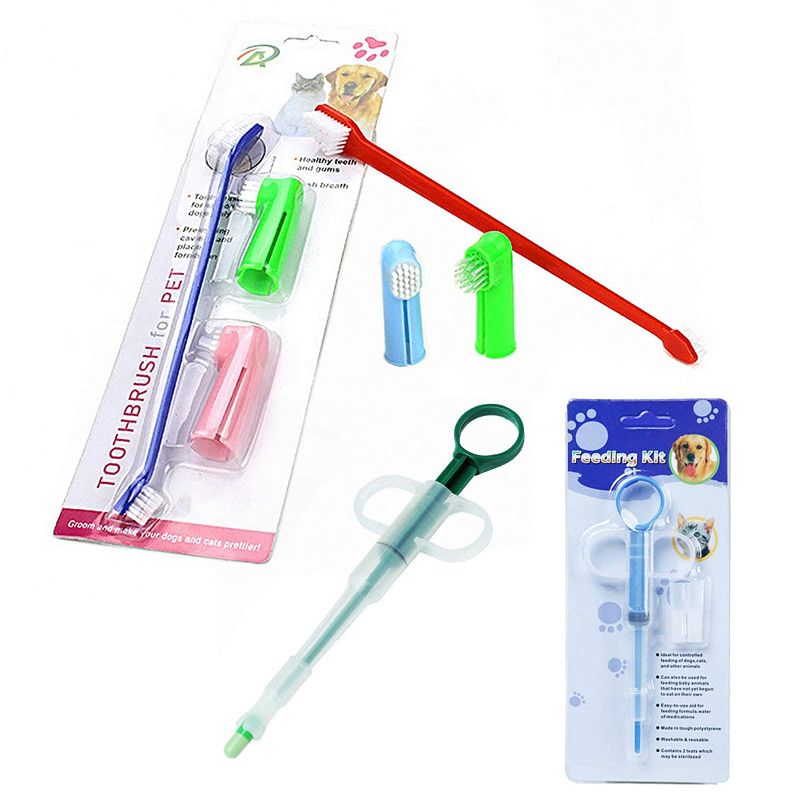 Photo 1 of  Arestle 4 pack Pets Teeth Cleaning Tool Dog Cat Dual-Head Toothbrush and Soft Finger Toothbrush Set + Pets Medicine Feeder Pill Dispenser Kit
