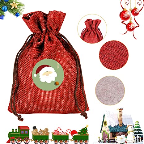 Photo 1 of ZOTOP Mini Christmas Burlap Bags, Xmas Jute Linen Gift Bags with Drawstring, Santa Snowman Reindeer Stickers and Lanyard Suit, 3-Color Candy Bag for Party Wedding Supplies, Multicolor, 4 x 5.6 in