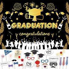 Photo 1 of 2022 Graduation Banner Party Supplies Photo Backdrop, Congrats Grad Photography Background Hanging Banner 7x5ft + 28 Pcs Photo Props Graduation Party Photo Booth Props Funny Selfie Graduation Decor