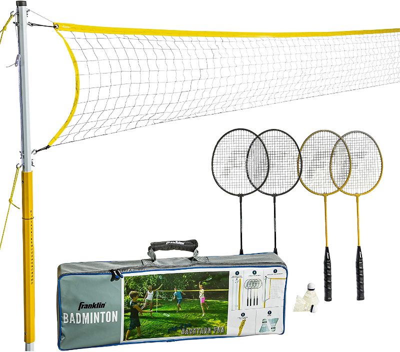 Photo 1 of Franklin Sports Badminton Net Sets - Outdoor Backyard + Beach Badminton Net + Equipment Set - (4) Rackets + (2) Birdies + Portable Net Included - Adults + Kids Set
