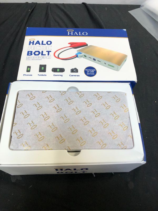 Photo 2 of HALO Bolt 58830 mWh Portable Phone Laptop Charger Car Jump Starter with AC Outlet and Car Charger - Wood Grain
