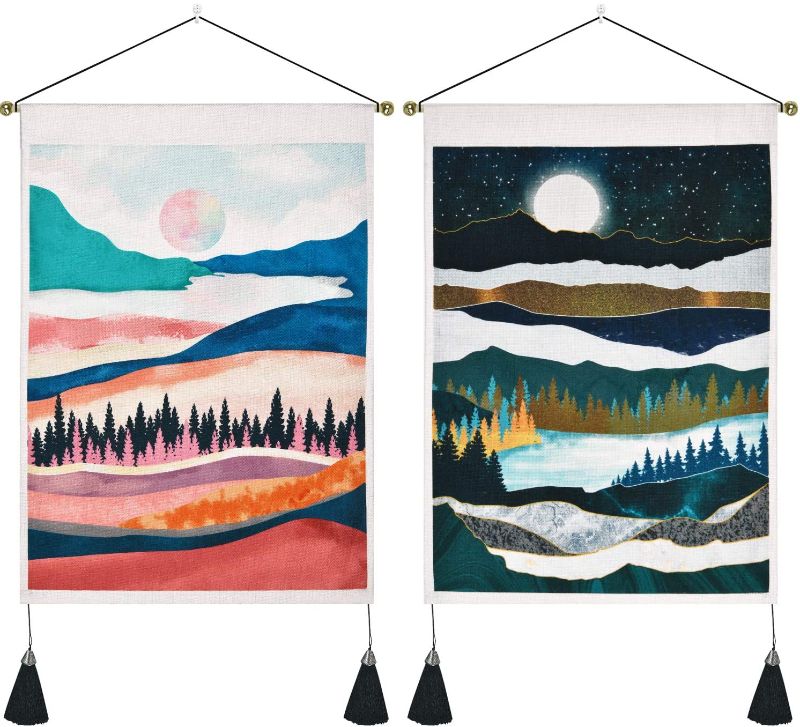 Photo 1 of 2 Pack Mountain Tapestry Forest Tree Tapestries, Sunset Tapestry, Moon Starry Sky Tapestry Nature Landscape Tapestry for Room (13.8 x 19.7 inches)
