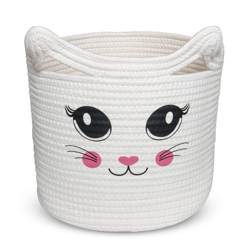 Photo 1 of Bigepige Cat Decorative Baby Toy Storage Basket with Handle, Cotton Rope Blanket Basket for Cat Lovers Gift, Stuffed Animal Storage Bin, Cute Kids Laundry Nursery Hamper Organizer(11 ×11×9.5”)
