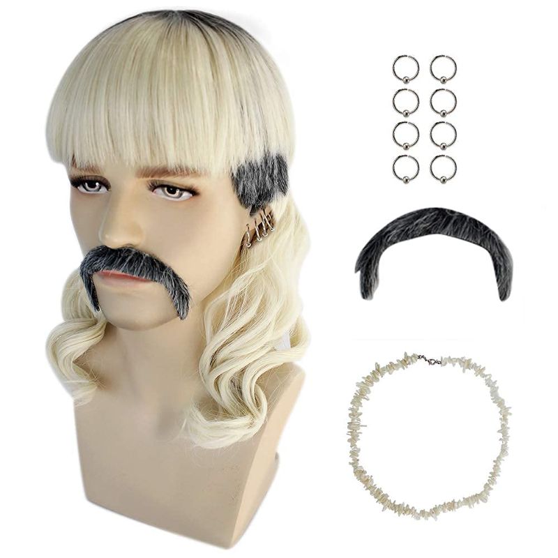 Photo 1 of IMEYLE Wig?8Earrings-Mustache-1Necklace?70s 80s Rocker Mullet Wig for Men Long Curly Black Root Blonde Hair Costume Cosplay Wig for Party + Wig Cap
