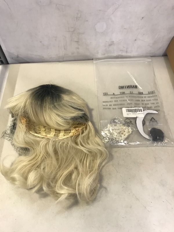 Photo 3 of IMEYLE Wig?8Earrings-Mustache-1Necklace?70s 80s Rocker Mullet Wig for Men Long Curly Black Root Blonde Hair Costume Cosplay Wig for Party + Wig Cap
