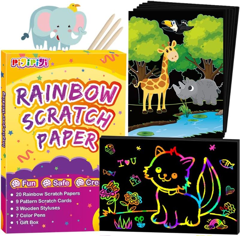 Photo 1 of QXNEW Rainbow Paper Art Supply: 2 Styles Magic Color Scratch Paper Sheet Craft for Kids Ages 3-16 Doodle Drawing Art Note Card Kit Supply Gift Idea for Girl Boy Children Teen Party Birthday Toy Set
