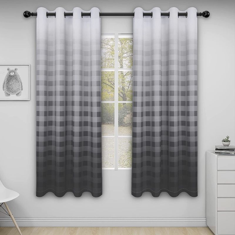 Photo 1 of Easy-Going Premium Blackout Curtains, Gradient Checkered Printed Sun Light Blocking Curtain Drapes for Bedroom, Noise Reduction Thermal Insulated Grommet Curtain, 2 Panels, 52x72 in, Gray
